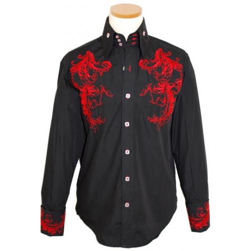 Manzini Black/Red Embroidered Long Sleeves 100% Cotton Shirt MZ-58